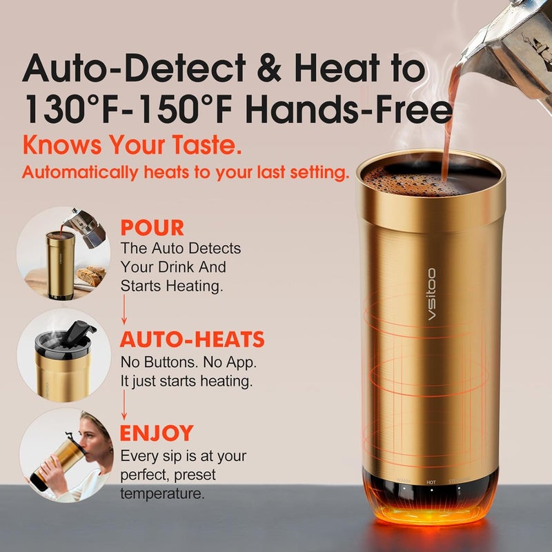 vsitoo S5 heated travel mug,16oz, Auto-Sensing AI Heats Drinks To 120-150°F Hands-Free. Temperature Control for All Cars, Perfect for Home/Office/Travel/Outdoor, Ideal Gift for Coffee Lovers - Gold - Image 2